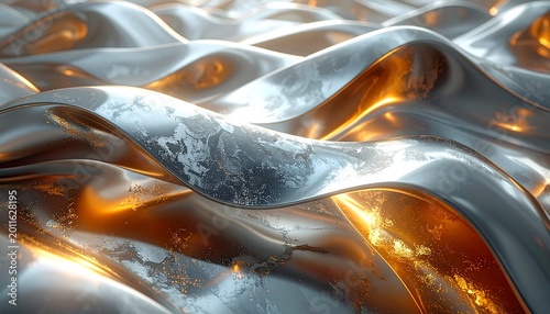 Glossy Silver and Amber Metallic Waves Flowing in Abstract Futuristic Surface
