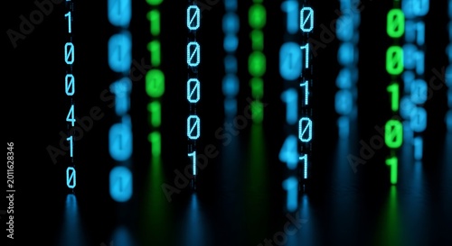 Glowing Blue and Green Binary Code Displayed on Dark Digital Background