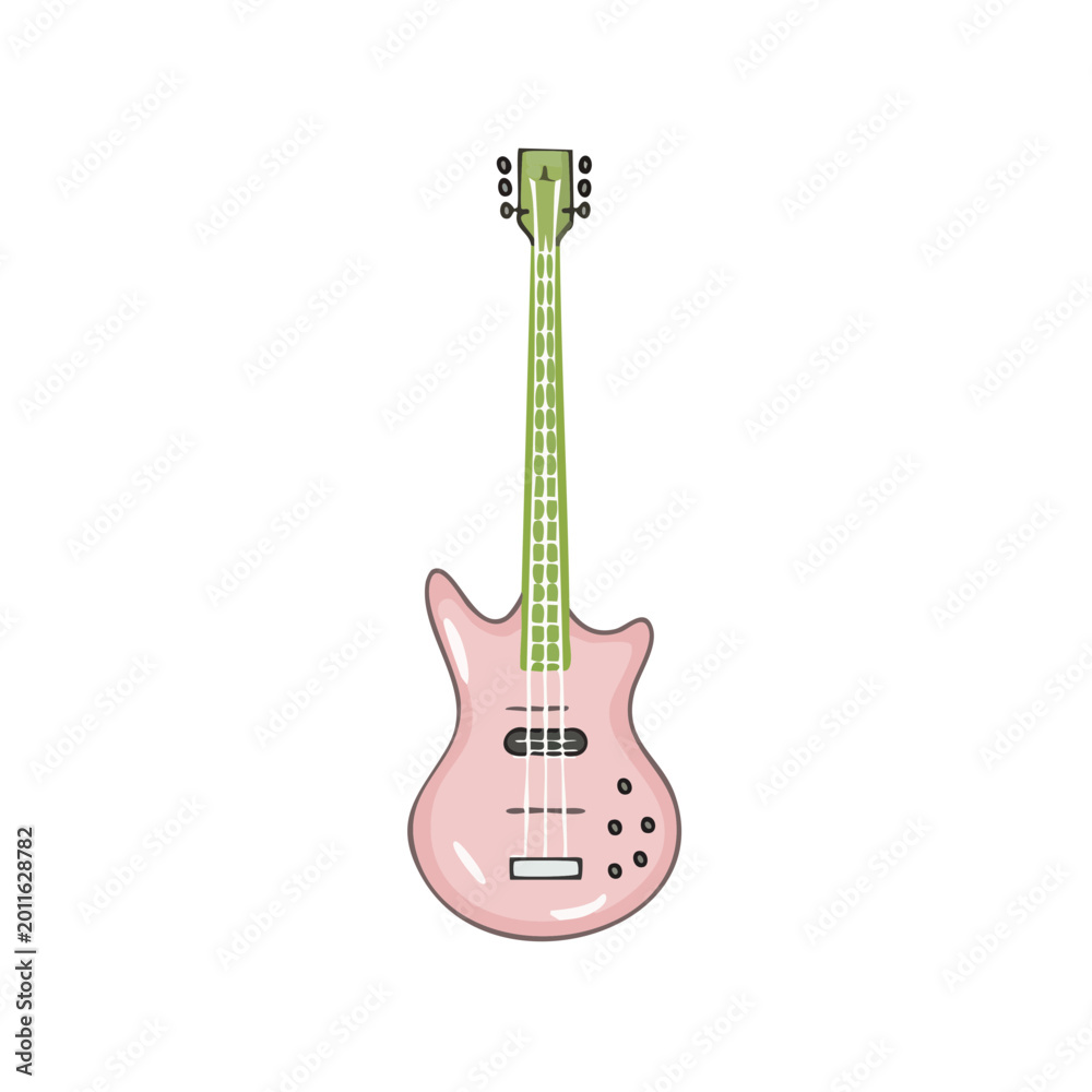 Naklejka premium A charming pastel pink electric bass guitar with a light green neck and fretboard isolated on a clean white background, a musical instrument.