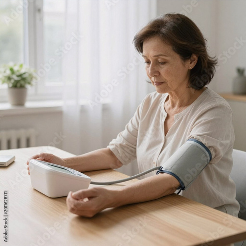 Elderly woman measuring blood pressure at home in bright room  