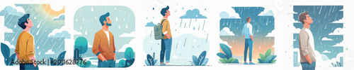 vector of man watch sky while rain