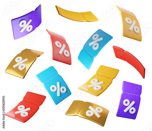 Quadro em tela Set of colorful 3D discount tags with percent signs, isolated on background