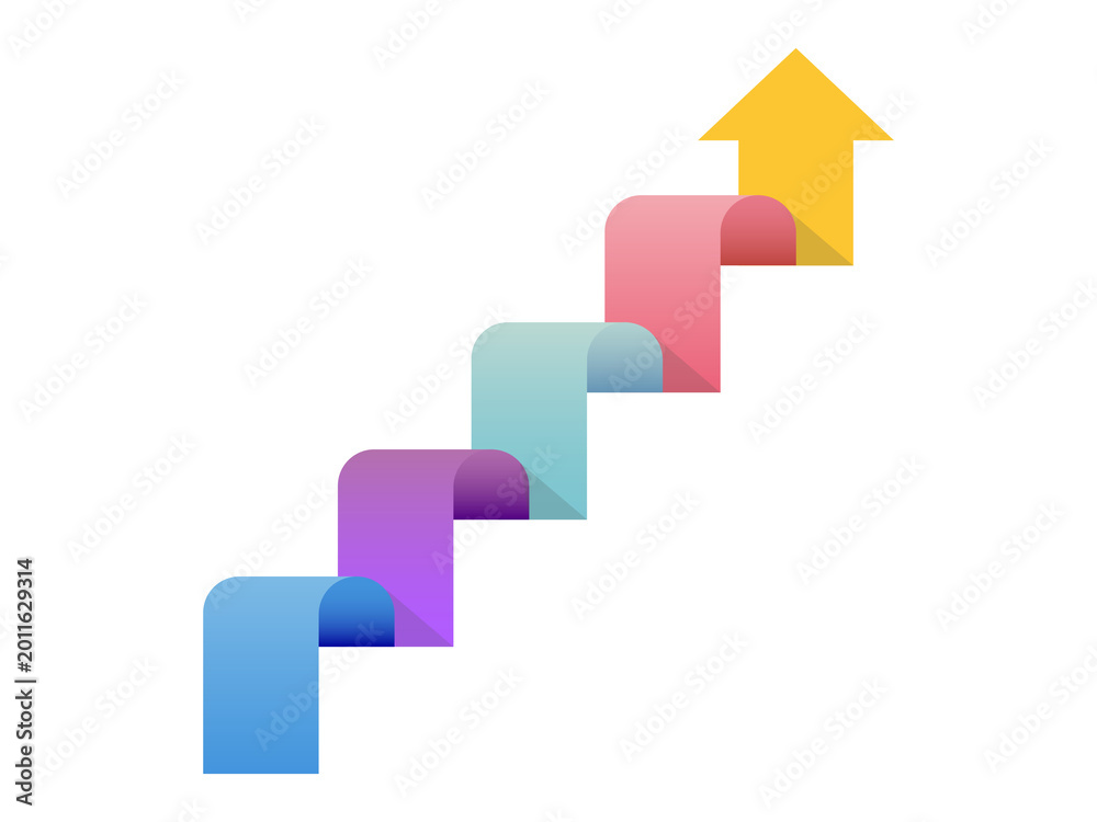Fototapeta premium Staircase arrow graphic pointing upwards showing success concept with five segments of varied colors on transparent background.