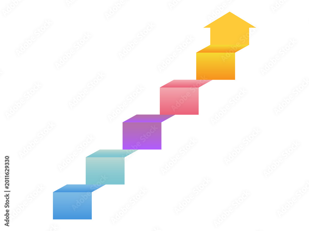 Obraz premium Five block step infographic arrow design representing upward growth trend and business progression on transparent background.