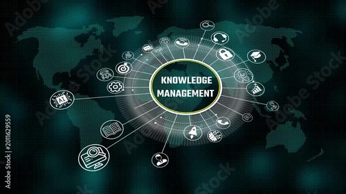 knowledge management 3d illustration. Business, Technology, Internet and network concept. virtual screen of the future and sees the inscription. 4k video animation and world map