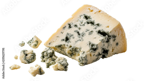 Fotografía Wedge of blue cheese with scattered crumbles, isolated on transparent background