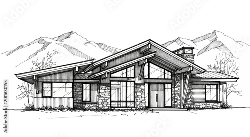 Detailed Vector Sketch of a Modern Mountain Home Architecture Concept for Downloadable Design Projects, featuring contemporary lodge style and scenic landscape with mountain backdrop