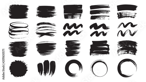 Hand drawn black ink brush strokes and paint circles for graphic design elements
