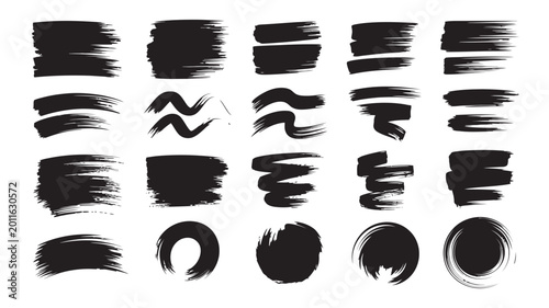 Collection of black ink brush strokes and artistic paint textures with hand drawn