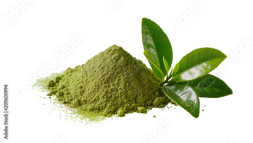 Konstfotografi Green Matcha Powder Heap with Fresh Tea Leaves