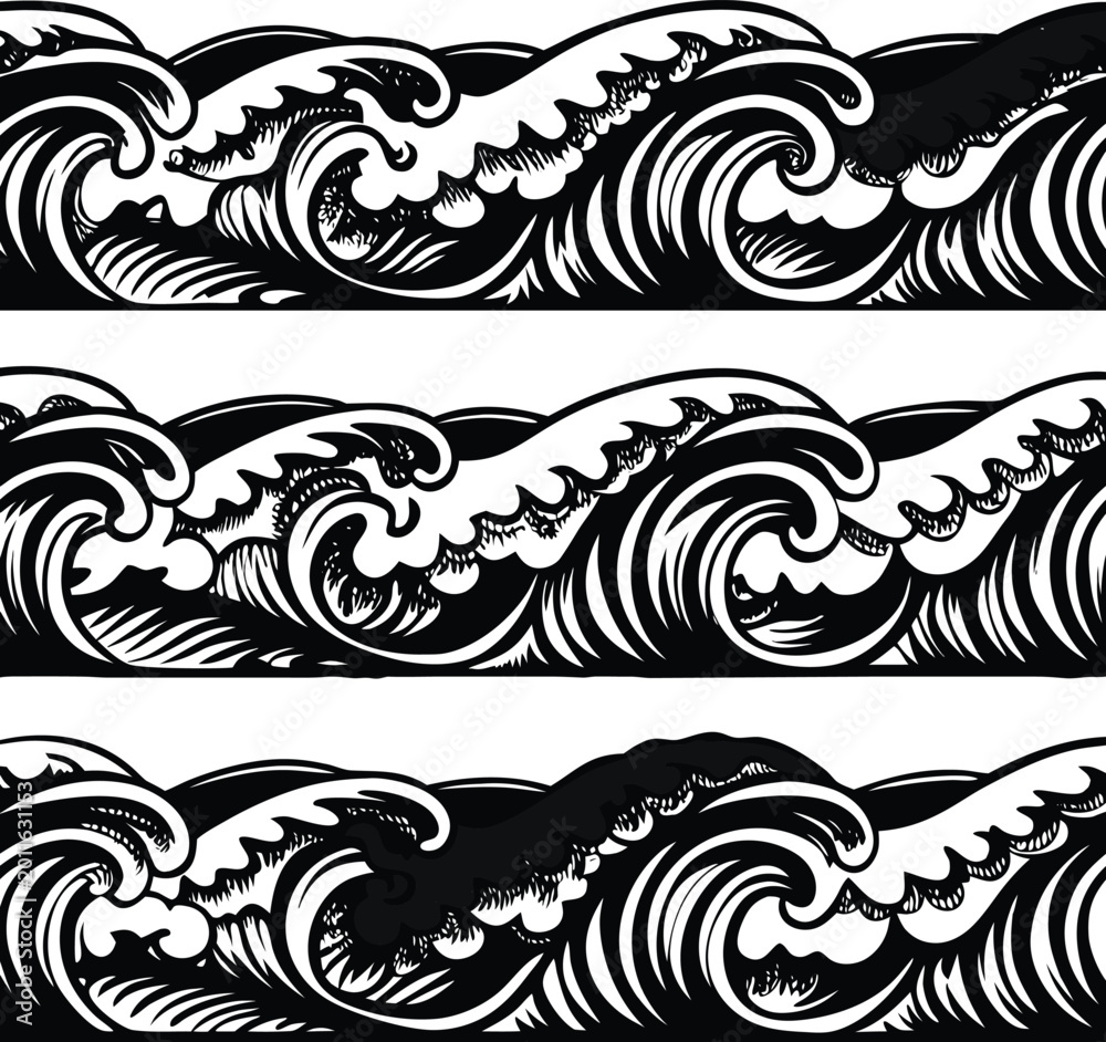 Fototapeta premium Black and white ocean wave patterns, seamless wave borders, monochrome vector waves, decorative wave designs