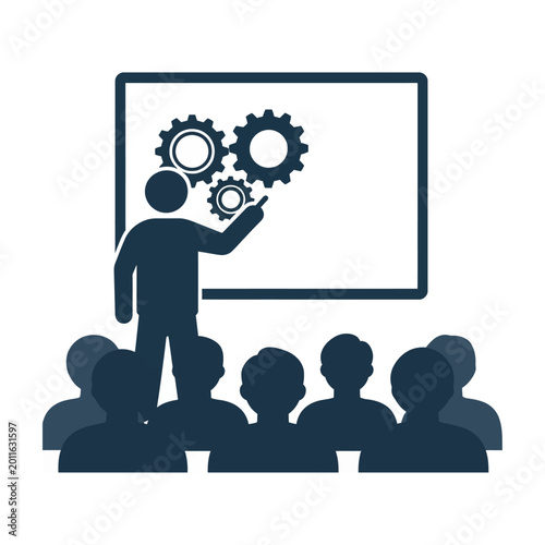 Business training session with instructor explaining gears concept vector
