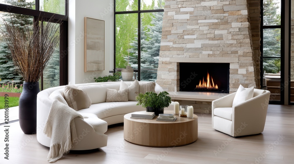 Naklejka premium Cozy living room with fireplace and large windows at home, warm lifestyle, comfort living, relaxing interior.