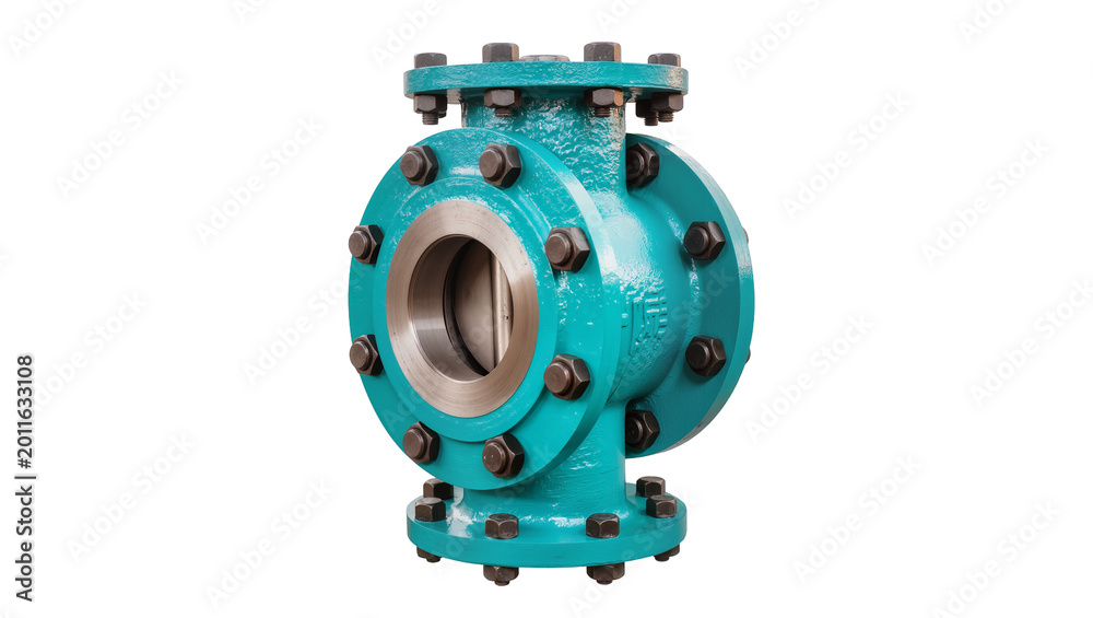 Naklejka premium Turquoise Flanged Valve with Stainless Steel Center and Numerous Bolts