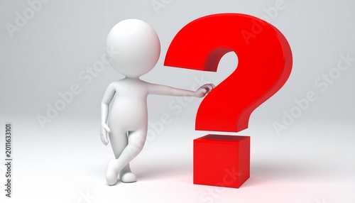 3D white character leaning on large red question mark isolated on white background, confusion concept