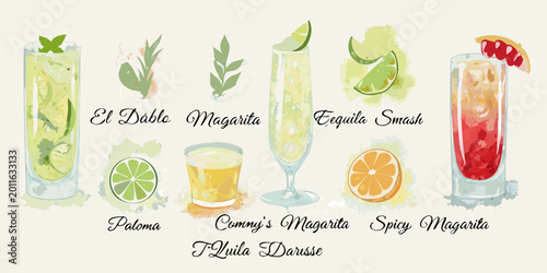 Photos watercolor style lineup of tequila based drinks