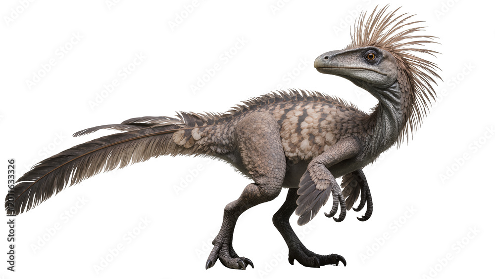 Fototapeta premium Detailed feathered Velociraptor dinosaur standing in profile view