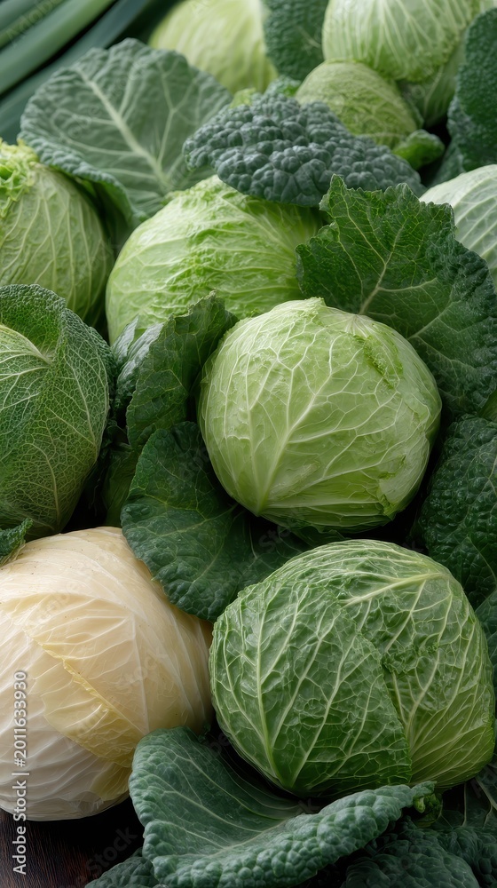 Fototapeta premium Fresh green cabbages and vegetables close up, healthy food, organic produce, farm harvest.