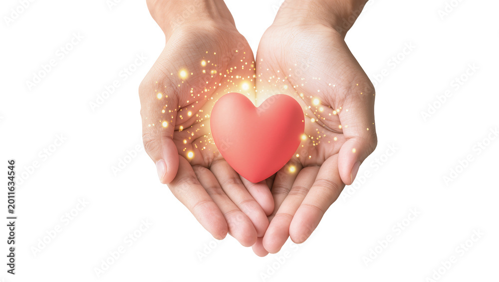 Obraz premium Human Hands Holding Red Heart with Golden Sparkles