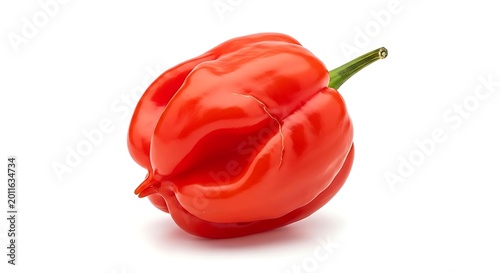Glossy Red Habanero Pepper Resting on Clean White Background