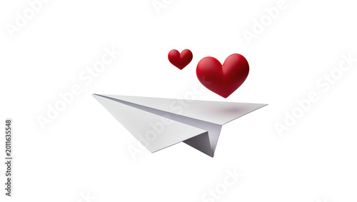 Slika na platnu Paper airplane carrying two red hearts aloft