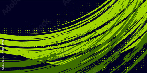 Modern neon green swoosh background featuring energetic brush strokes and dotted patterns. Ideal for speed, racing, and technology themes.