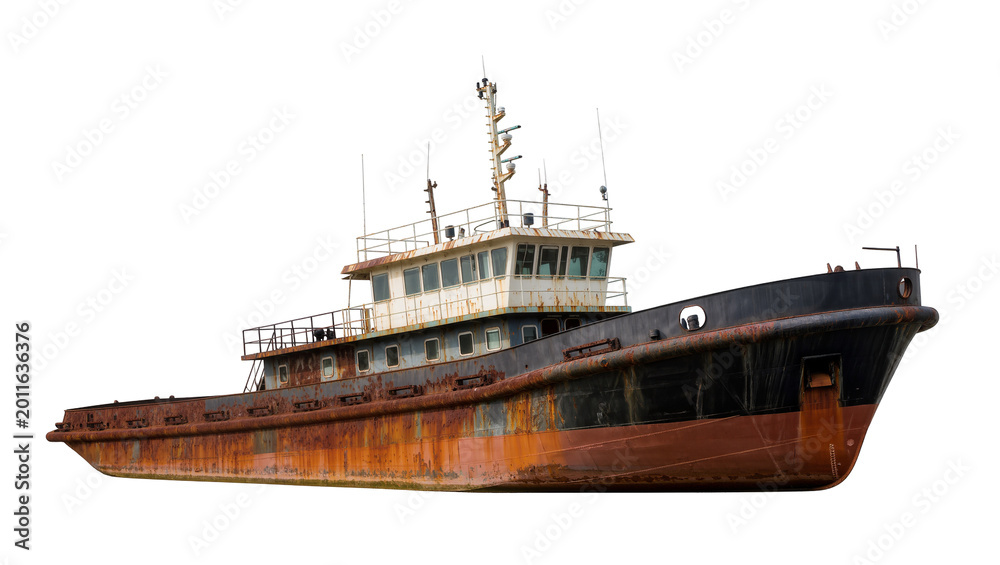 Fotografie Weathered rusty old tugboat with superstructure and antennas