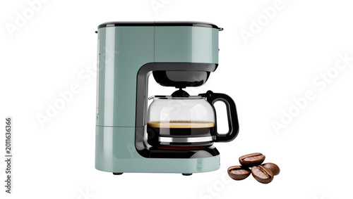 Foto Modern teal drip coffee maker with glass carafe and coffee beans