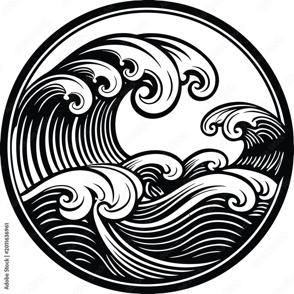 Fototapeta premium Ocean wave, circular wave, black and white vector, stylized sea swell, crest illustration