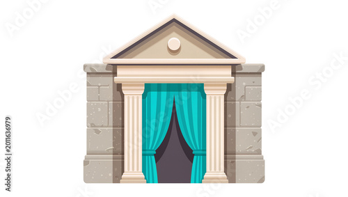 Canvastavla Stone Archway with Teal Drapery and Gilded Orb Detail