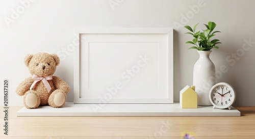 Teddy bear, white picture frame, decorative objects, home decor, interior design