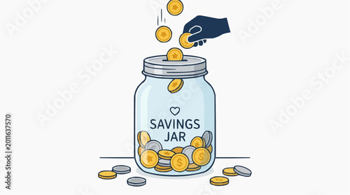 Vector illustration of a glass savings jar filled with coins being deposited by a hand investment financial planning business accounting