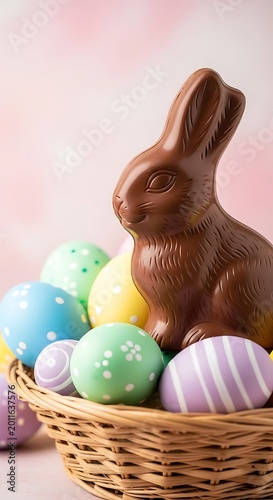 Chocolate Easter Bunny Sitting Among Pastel Decorated Eggs in Wicker Basket