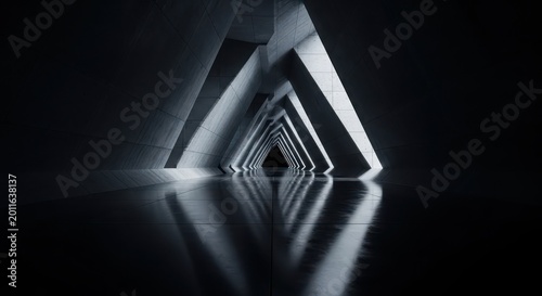 Geometric tunnel, futuristic corridor, dark metallic architecture, reflective floor