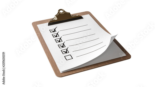 Foto Wooden clipboard with metal clip holding paper checklist