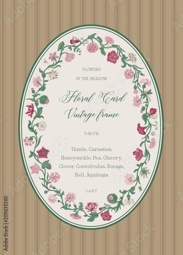 Flowers of the Meadow. Floral oval frame. Vector vintage illustration. Inspired by the Renaissance. Pink and green