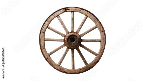 Fotografie Vintage wooden wagon wheel with spokes and metal hub