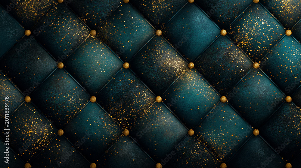Fototapeta premium Luxury Emerald Green Tufted Leather Texture with Gold Glitter. Elegant Quilted Upholstery Background with Golden Studs