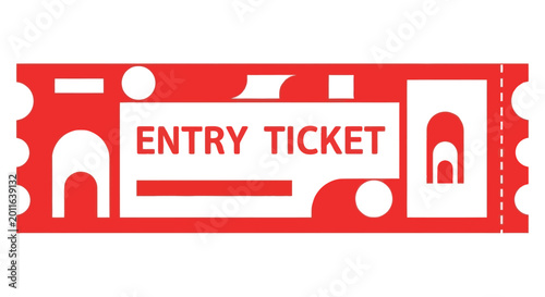 Red Entry Ticket With White Text and Graphics on White Background