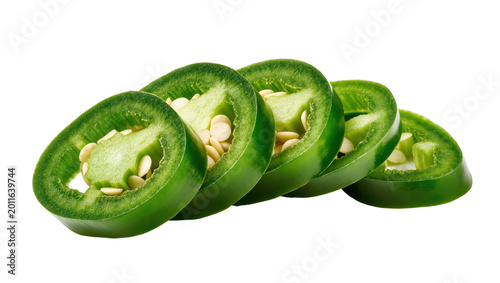 Bild auf Leinwand Several bright green jalapeno pepper slices with visible seeds, isolated on tran
