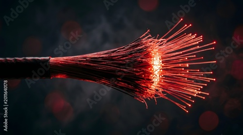 Naklejka Fiber optic cable closeup with glowing red light