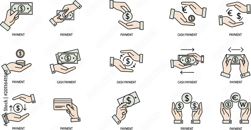 Fototapeta premium Payment and Cash Transaction Icon Set with Hands, Currency, Bank Cards, and Payment Methods for Financial, Ecommerce, and Digital Transactions