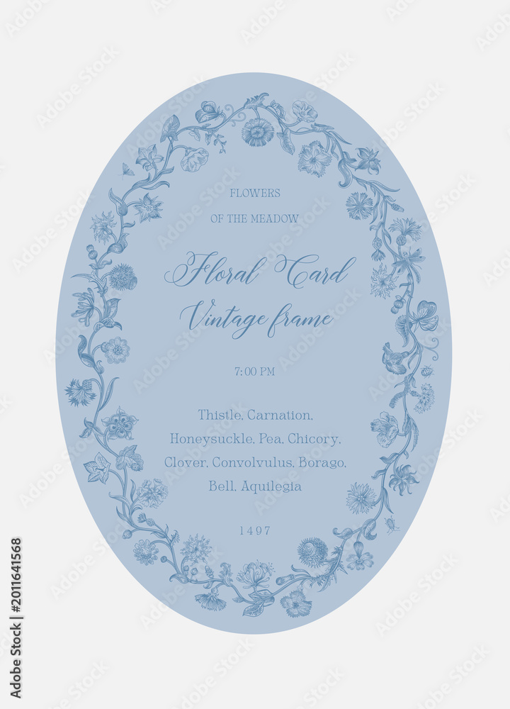 Obraz premium Flowers of the Meadow. Floral oval frame. Vector vintage illustration. Blue