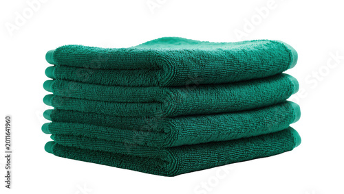 Photography Stack of folded dark green microfiber towels, isolated on transparent background