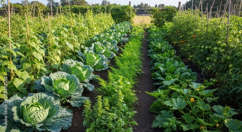 Green cabbage and vegetable farm field.
