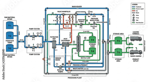 Bilde på lerret Complex industrial schematic diagram showing fluid flow and process control
