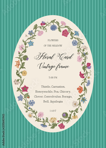 Flowers of the Meadow. Floral oval frame. Vector vintage illustration. Inspired by the Renaissance. Colorful