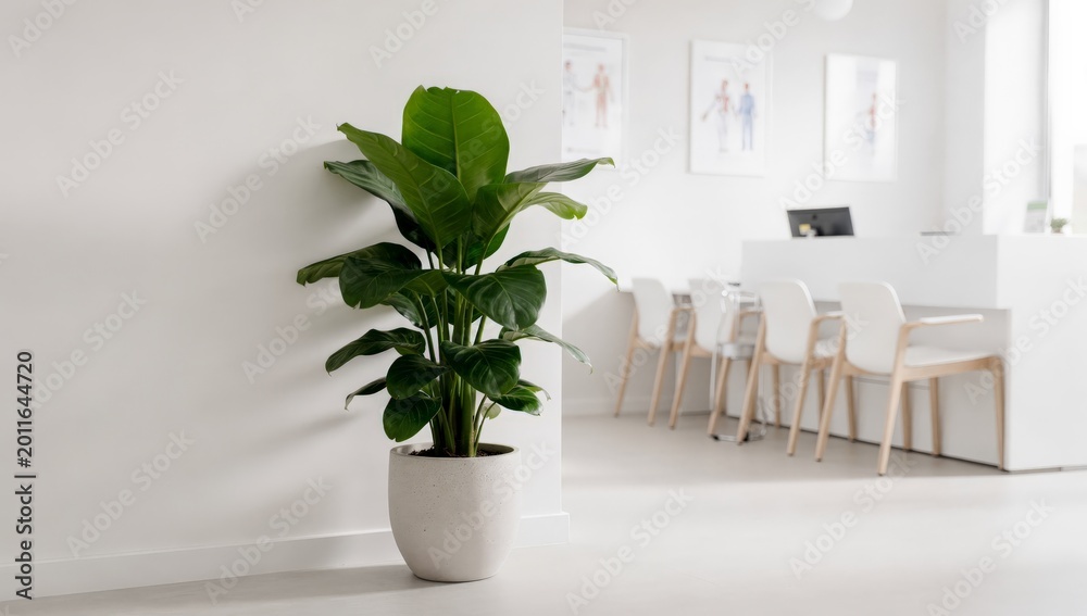 Obraz premium A serene office reception area featuring a potted plant and modern furniture, exuding a sense of calmness and professionalism.