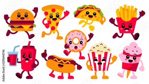 Funny Fast Food Mascot Pack Kawaii Junk Food Characters in Playful Actions