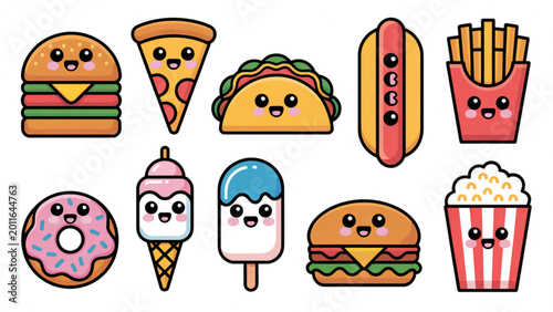 Cute Fast Food Cartoon Icon Set Burger, Pizza, Taco and Street Food Kawaii Collection
